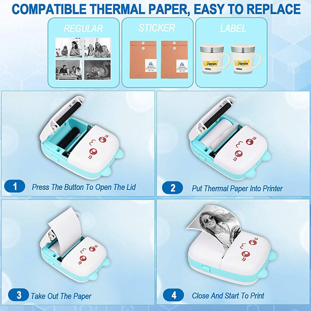 Portable Mini Thermal Printer Pocket Photo Printer Wireless Bluetooth W/ 6 Rolls 